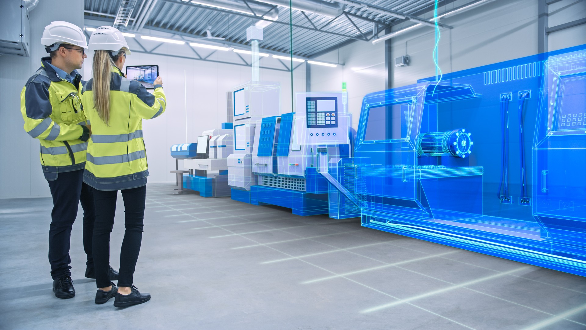 Two Engineers Use Digital Tablet Computer with Augmented Reality Software to Create 3D CNC Machinery, Equipment Visualization in Factory. Industry 4.0 Facility. Augmented Reality Graphics VFX Effects